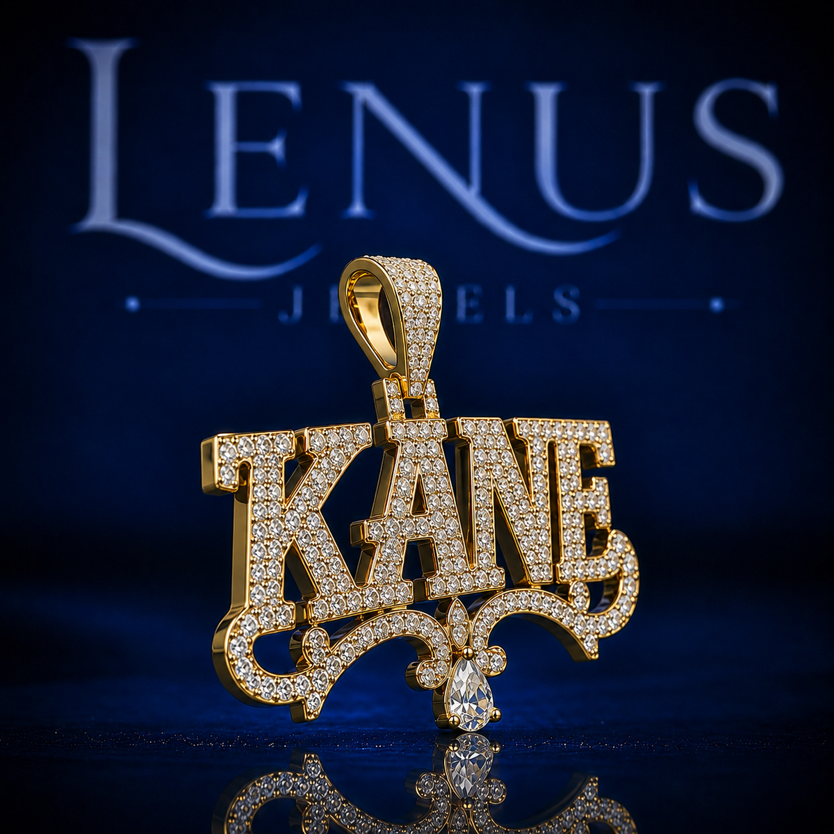 Iced Out KANE Name VVS Moissanite Pendant – 925 Sterling Silver Gold Finish Custom 3D Hip Hop Jewelry with Ornamental Scrollwork & Pear Drop