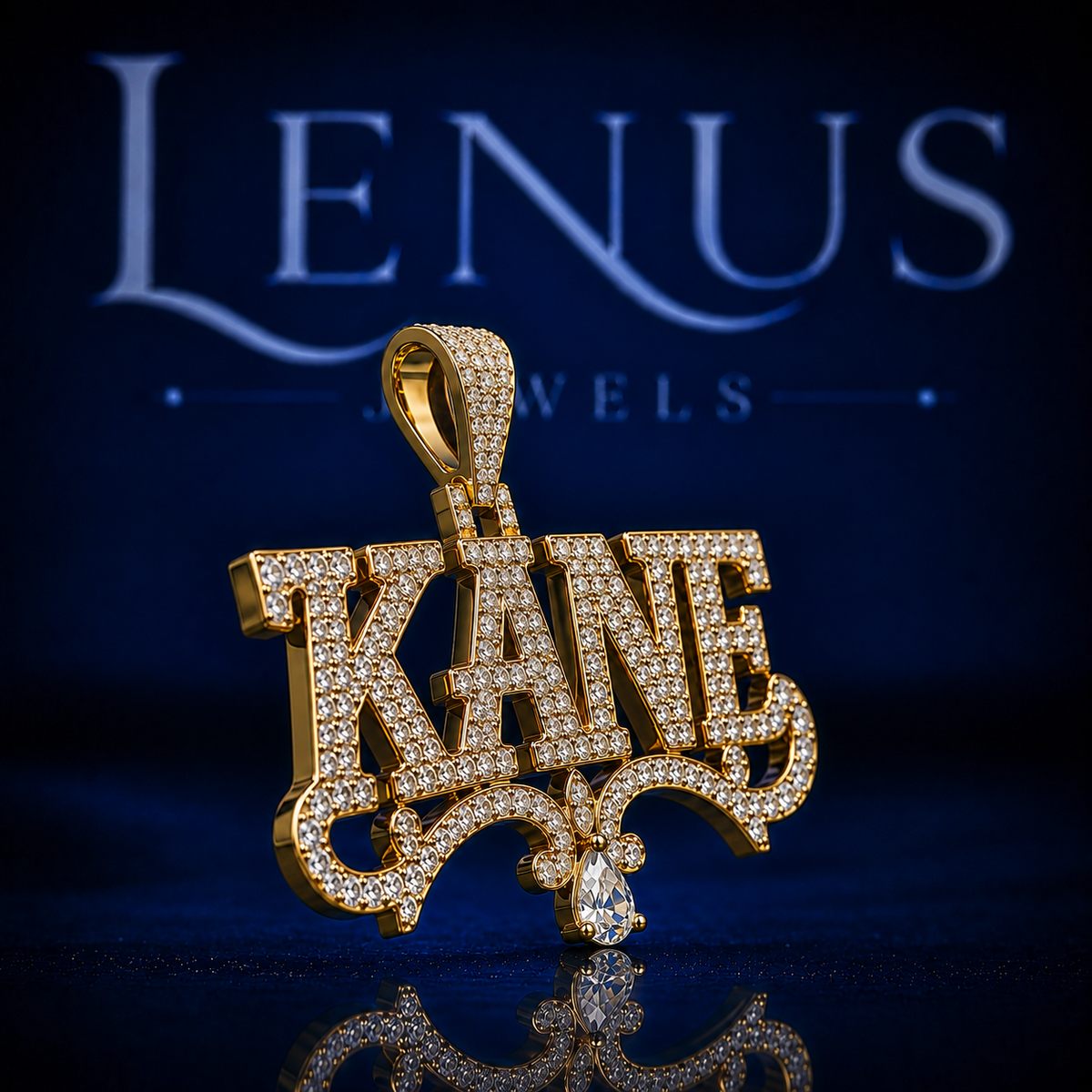 Iced Out KANE Name VVS Moissanite Pendant – 925 Sterling Silver Gold Finish Custom 3D Hip Hop Jewelry with Ornamental Scrollwork & Pear Drop