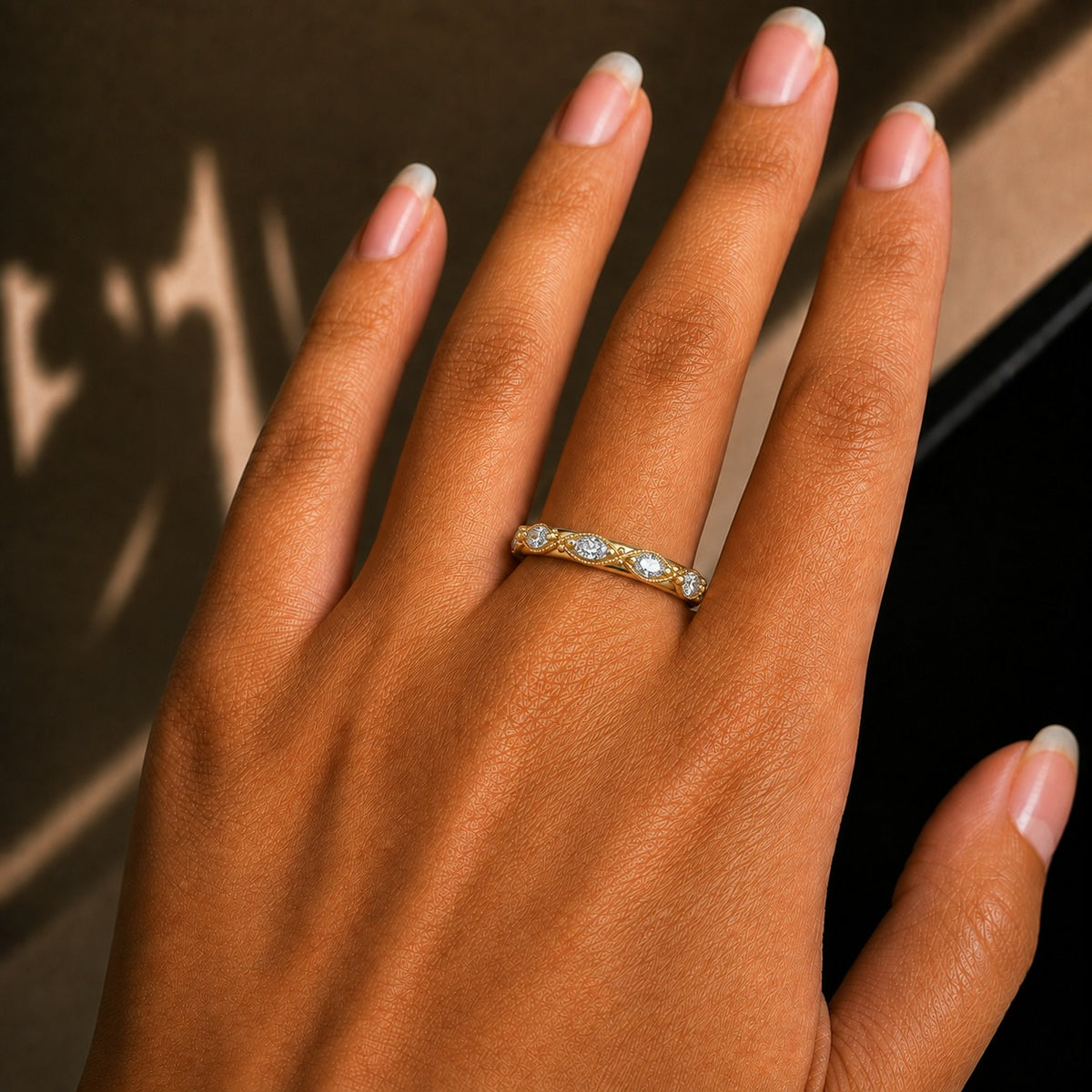 Marquise Moissanite Eternity Band – Gold Milgrain Scalloped Wedding Ring
