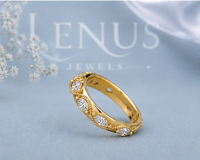 Marquise Moissanite Eternity Band – Gold Milgrain Scalloped Wedding Ring