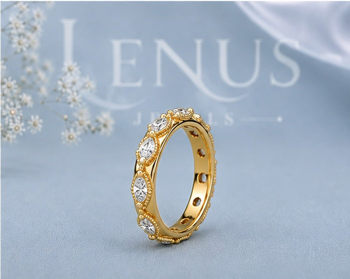 Marquise Moissanite Eternity Band – Gold Milgrain Scalloped Wedding Ring