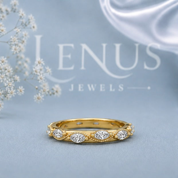 Marquise Moissanite Eternity Band – Gold Milgrain Scalloped Wedding Ring
