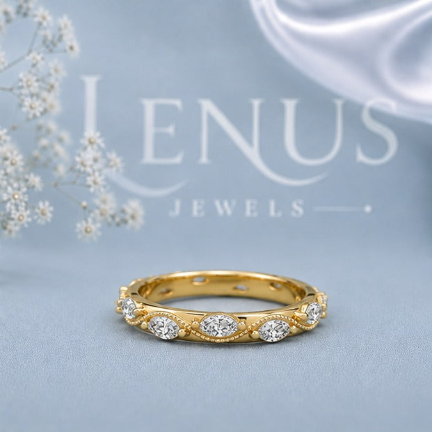 Marquise Moissanite Eternity Band – Gold Milgrain Scalloped Wedding Ring