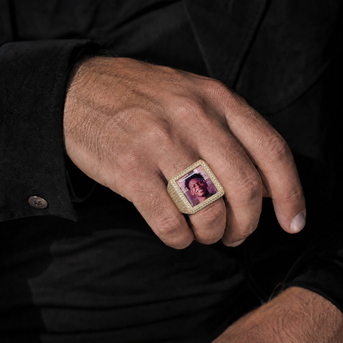 Custom Photo Moissanite Statement Ring – Iced Out Square Memory Picture Ring