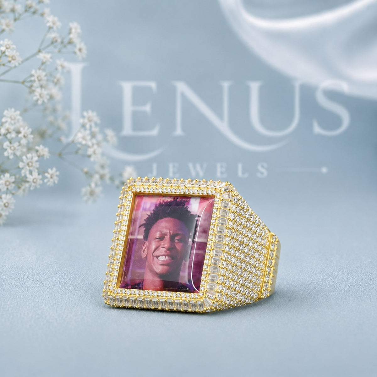 Custom Photo Moissanite Statement Ring – Iced Out Square Memory Picture Ring