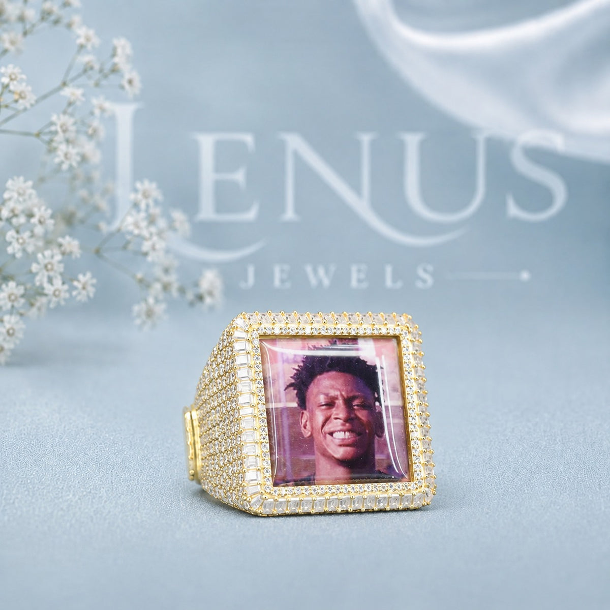 Custom Photo Moissanite Statement Ring – Iced Out Square Memory Picture Ring