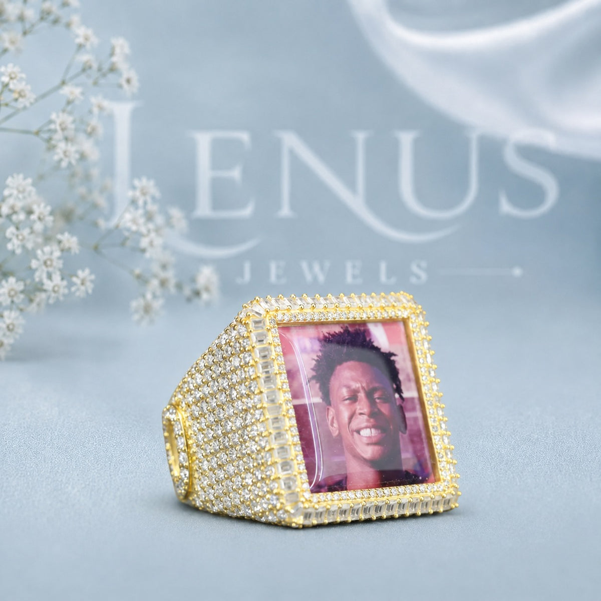 Custom Photo Moissanite Statement Ring – Iced Out Square Memory Picture Ring