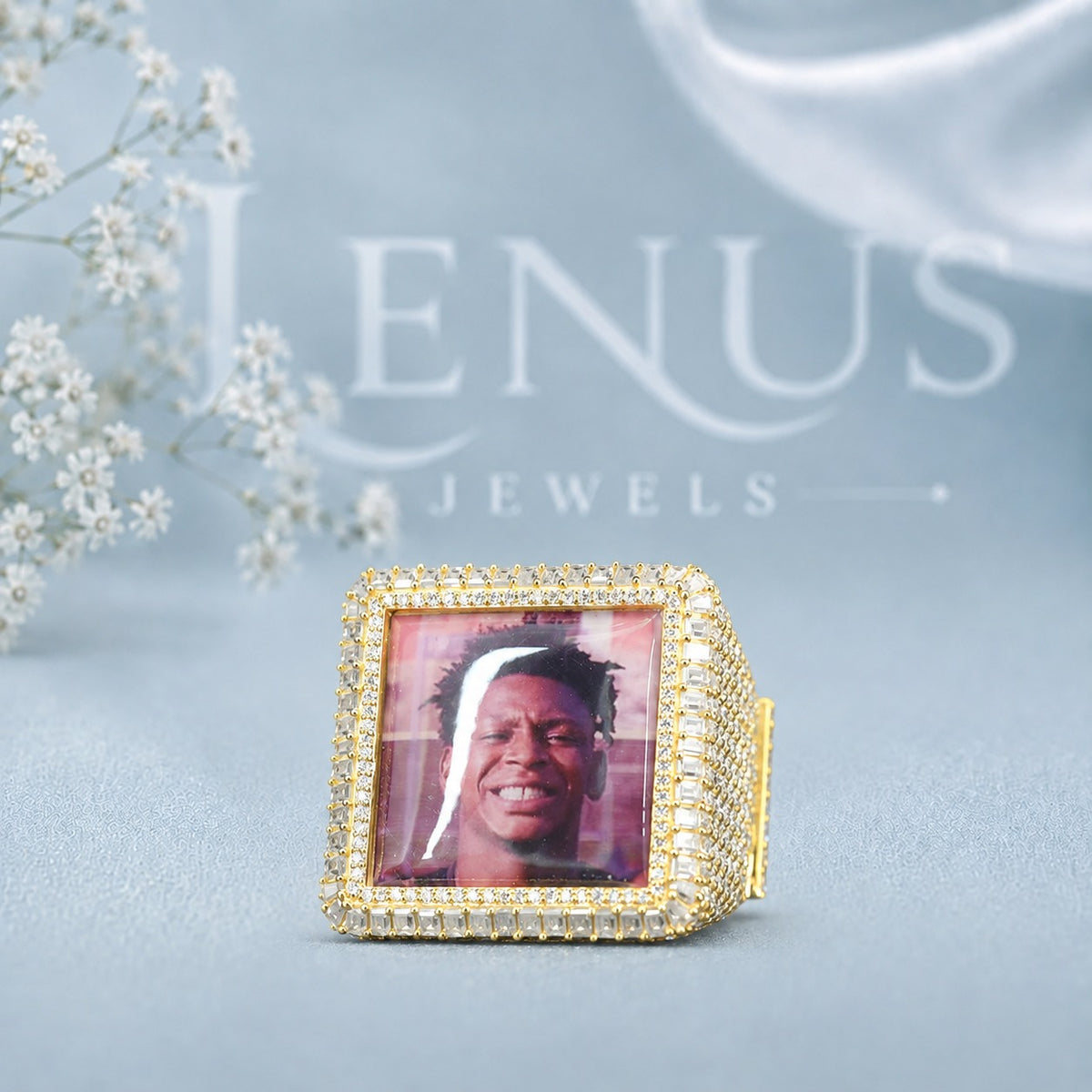 Custom Photo Moissanite Statement Ring – Iced Out Square Memory Picture Ring