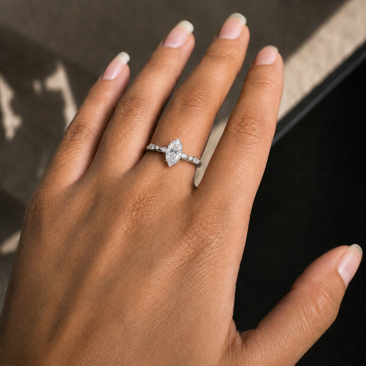 Marquise-Cut Moissanite Engagement Ring – Leaf Side Stones in White Rhodium 925 Sterling Silver