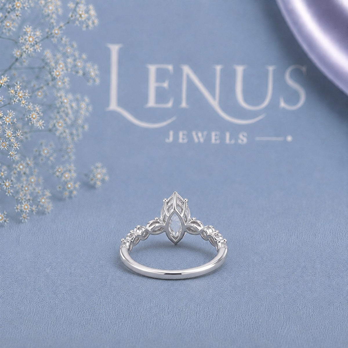 Marquise-Cut Moissanite Engagement Ring – Leaf Side Stones in White Rhodium 925 Sterling Silver