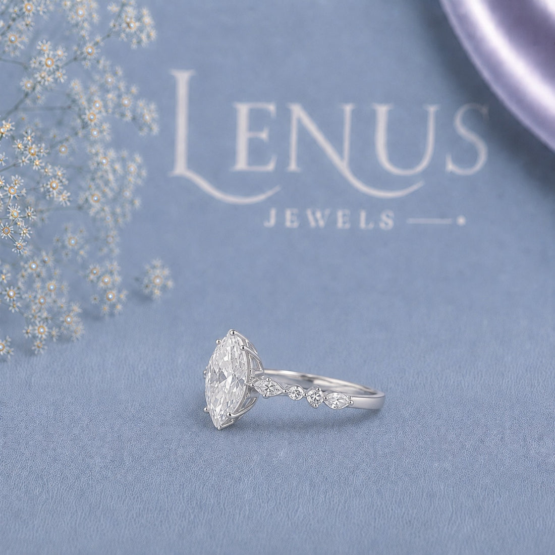 Marquise-Cut Moissanite Engagement Ring – Leaf Side Stones in White Rhodium 925 Sterling Silver