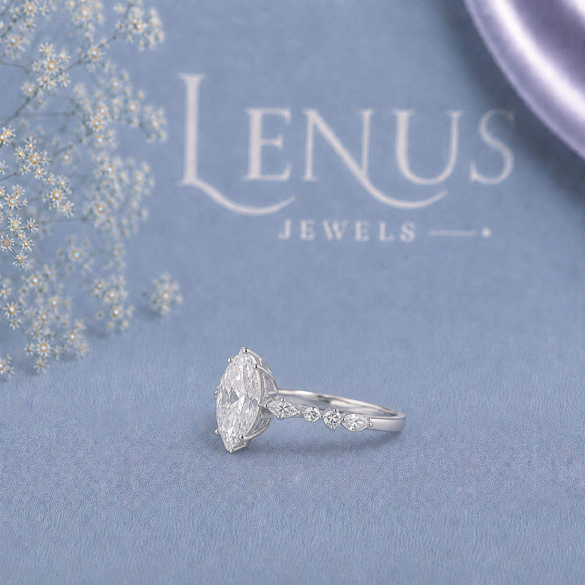 Marquise-Cut Moissanite Engagement Ring – Leaf Side Stones in White Rhodium 925 Sterling Silver