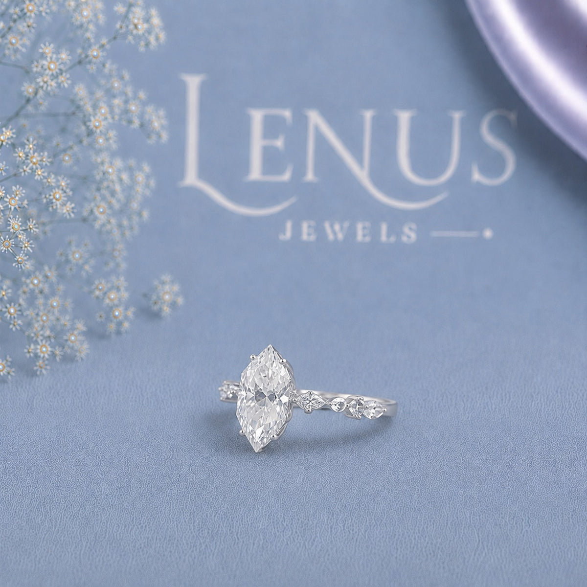 Marquise-Cut Moissanite Engagement Ring – Leaf Side Stones in White Rhodium 925 Sterling Silver