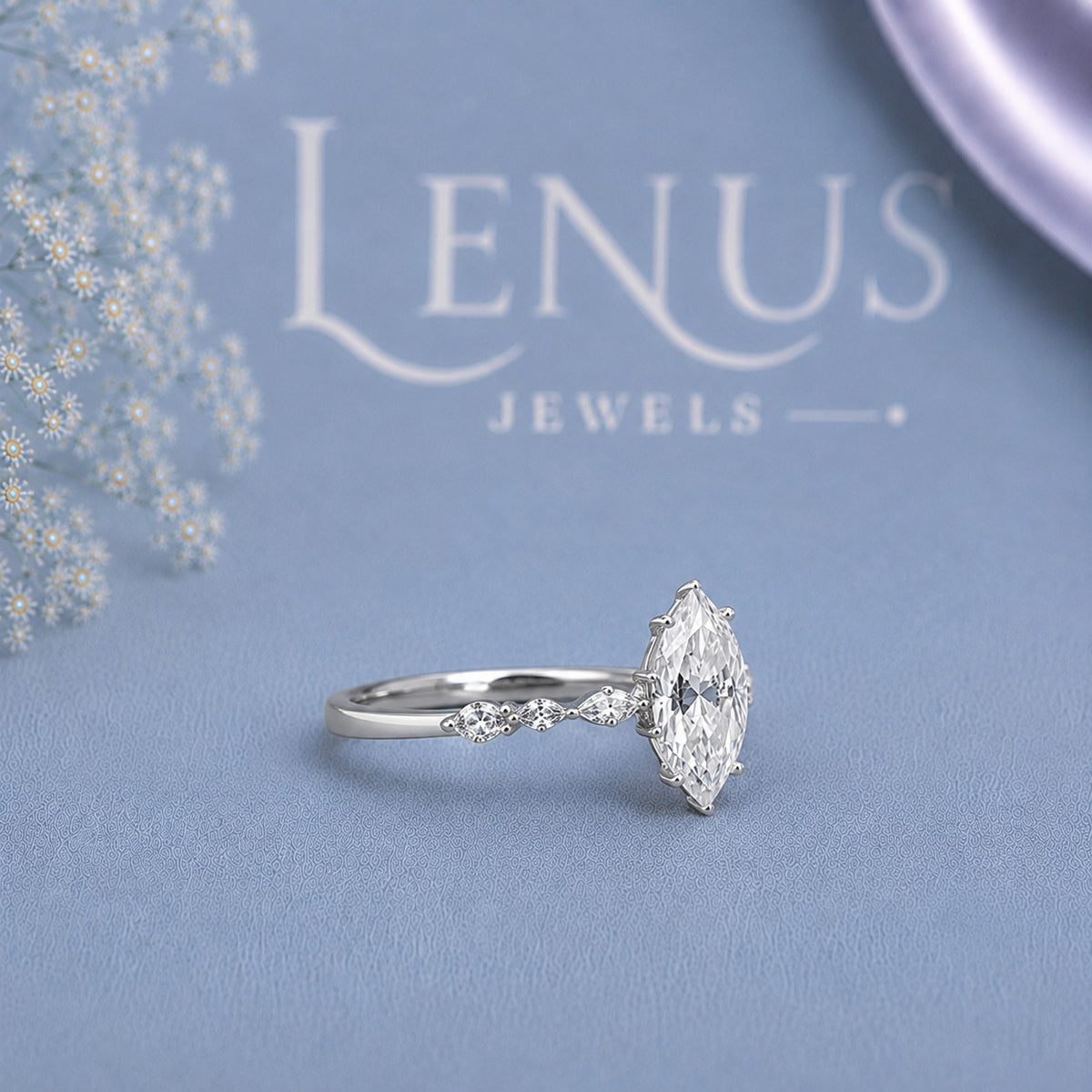 Marquise-Cut Moissanite Engagement Ring – Leaf Side Stones in White Rhodium 925 Sterling Silver