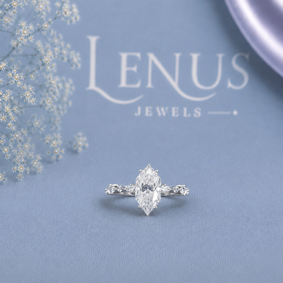 Marquise-Cut Moissanite Engagement Ring – Leaf Side Stones in White Rhodium 925 Sterling Silver
