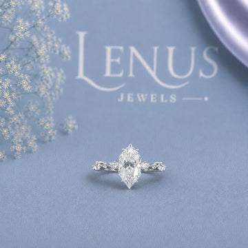 Marquise-Cut Moissanite Engagement Ring – Leaf Side Stones in White Rhodium 925 Sterling Silver