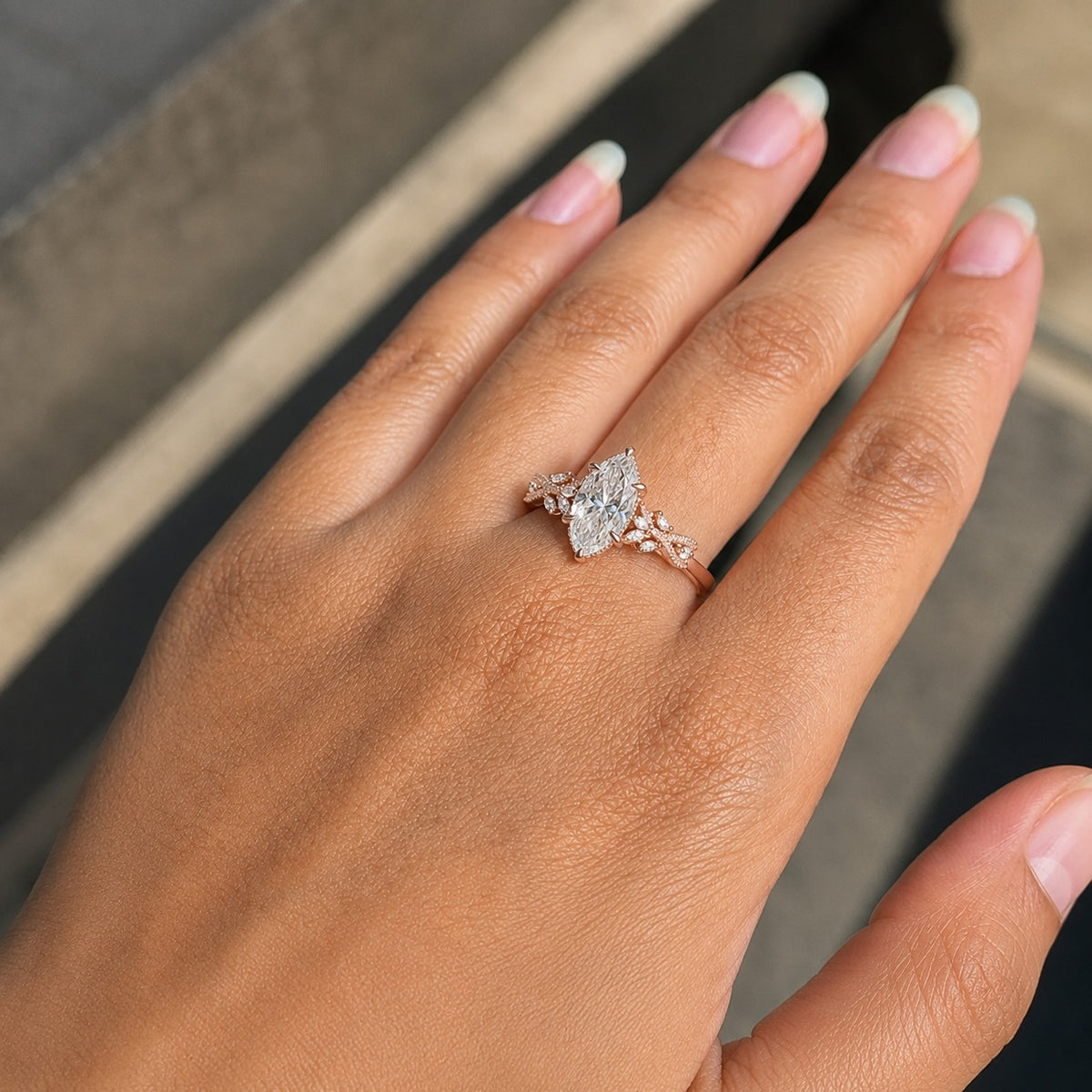 Marquise Cut Moissanite Engagement Ring – Rose Gold Vintage Floral Band