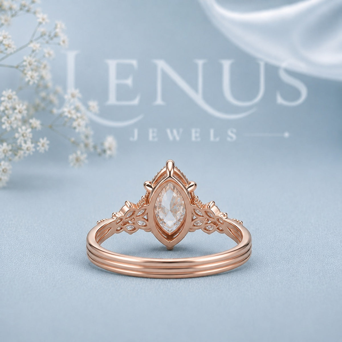 Marquise Cut Moissanite Engagement Ring – Rose Gold Vintage Floral Band