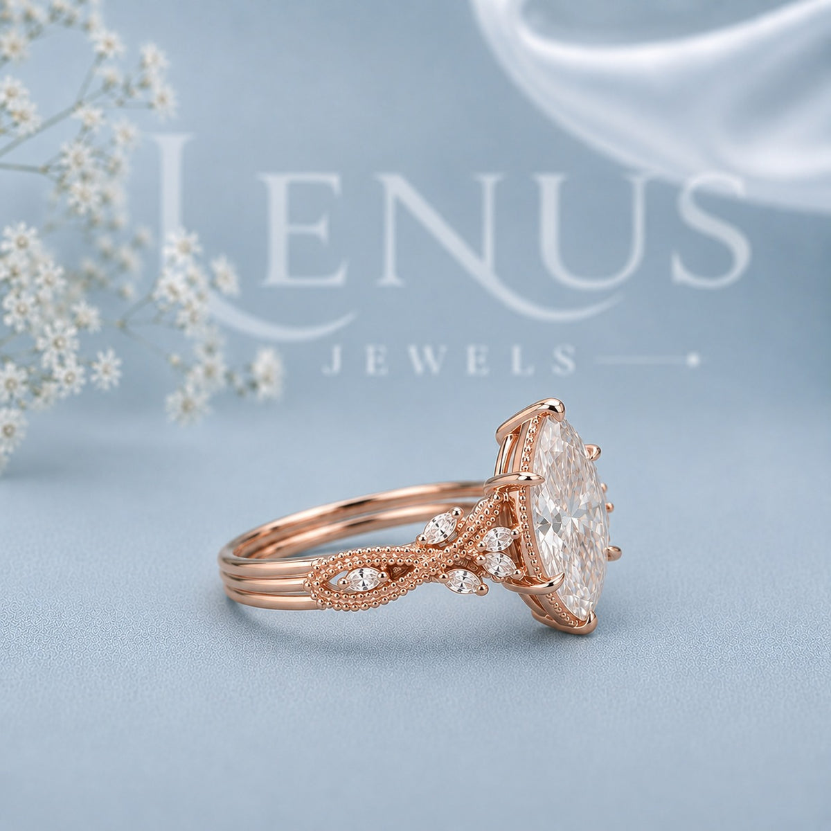 Marquise Cut Moissanite Engagement Ring – Rose Gold Vintage Floral Band