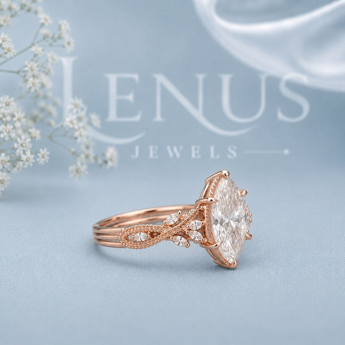 Marquise Cut Moissanite Engagement Ring – Rose Gold Vintage Floral Band