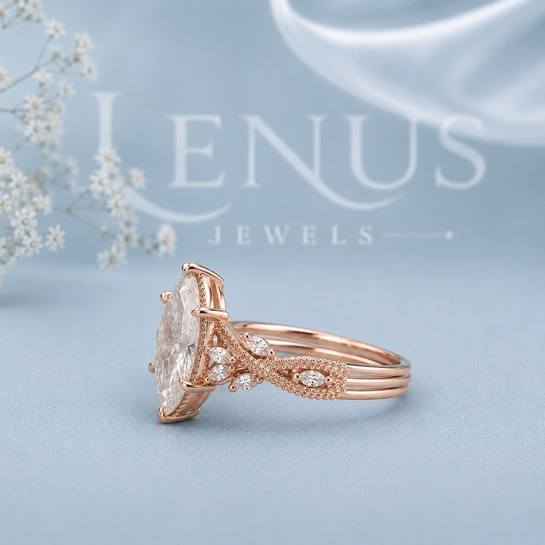 Marquise Cut Moissanite Engagement Ring – Rose Gold Vintage Floral Band