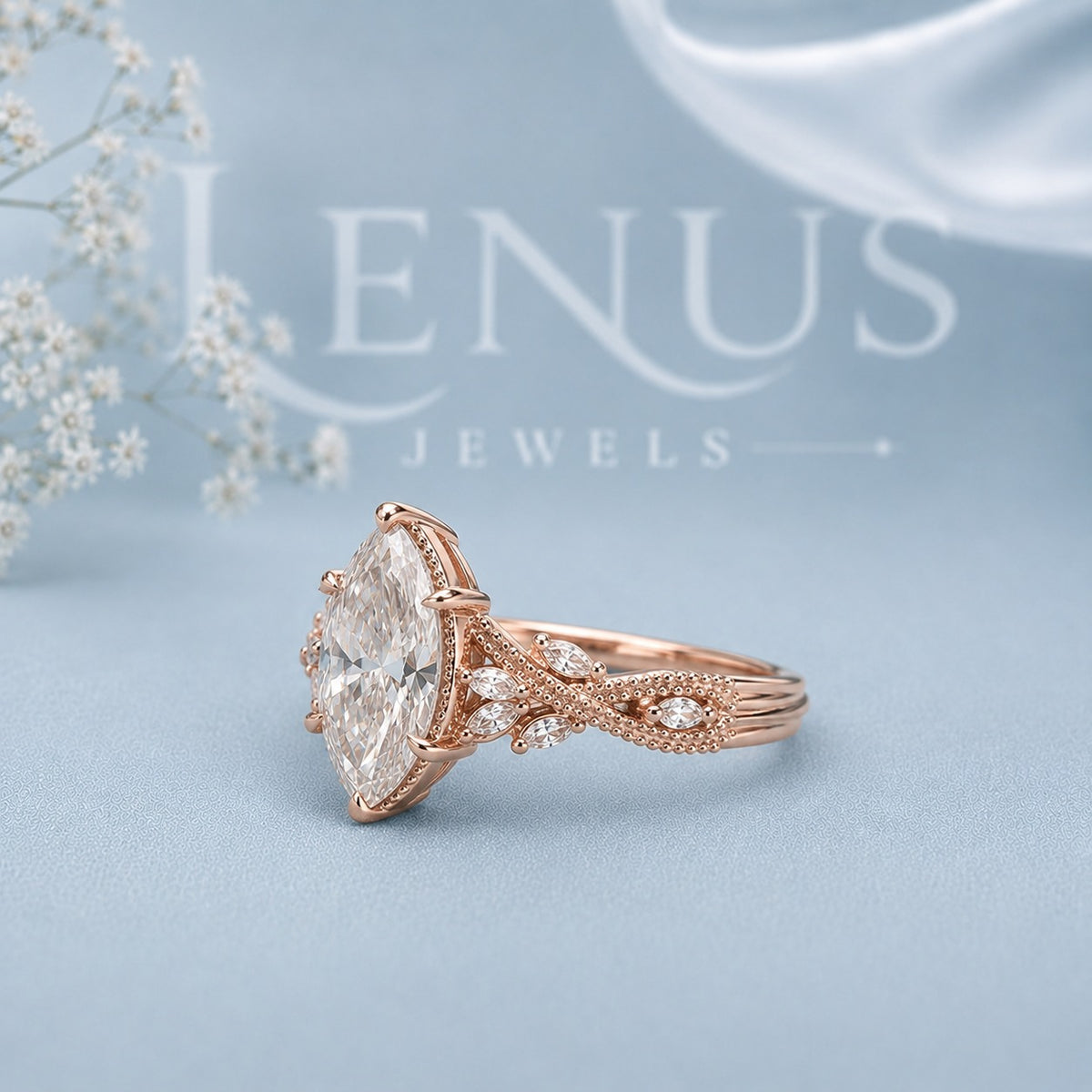 Marquise Cut Moissanite Engagement Ring – Rose Gold Vintage Floral Band