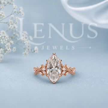Marquise Cut Moissanite Engagement Ring – Rose Gold Vintage Floral Band
