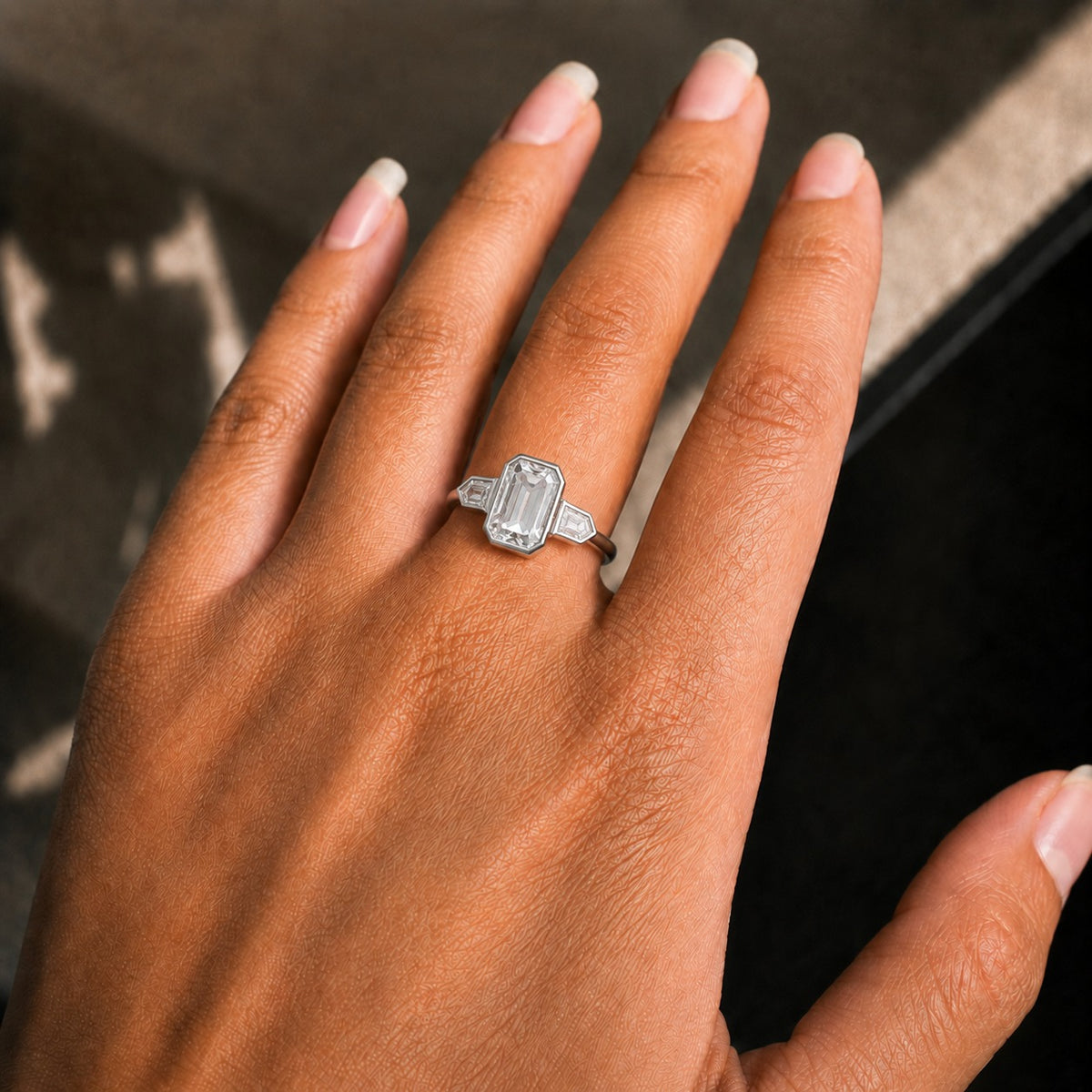 Emerald-Cut Moissanite Three-Stone Ring – Art Deco Bezel-Set Engagement Ring in 925 Sterling Silver