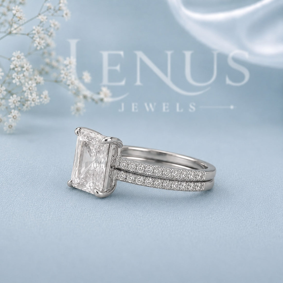 Radiant Cut Moissanite Engagement Ring – Double Pavé Band 925 Sterling Silver