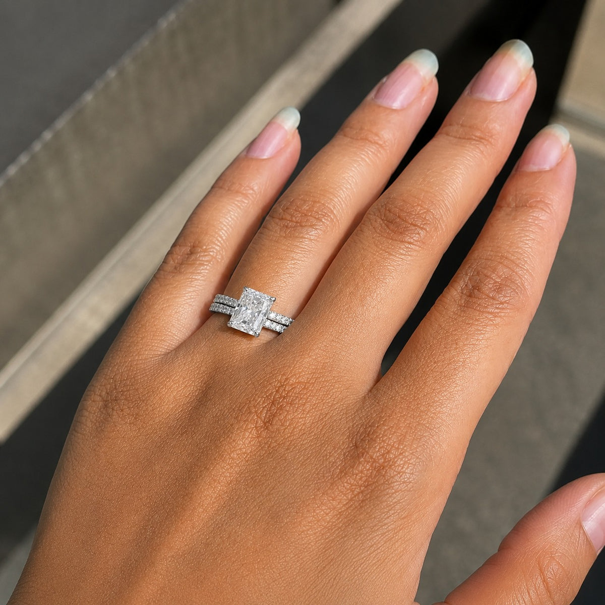 Radiant Cut Moissanite Engagement Ring – Double Pavé Band 925 Sterling Silver