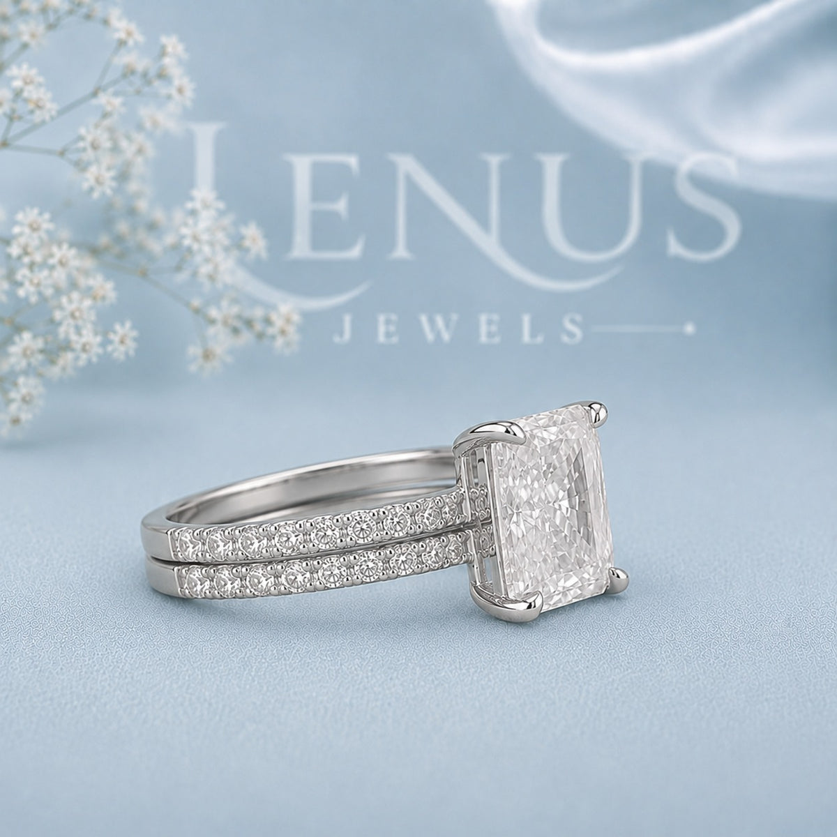 Radiant Cut Moissanite Engagement Ring – Double Pavé Band 925 Sterling Silver