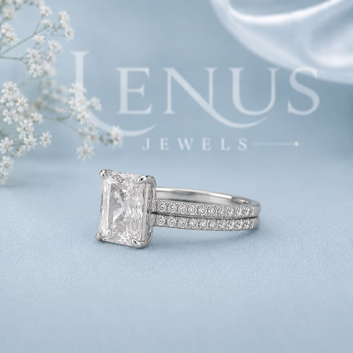 Radiant Cut Moissanite Engagement Ring – Double Pavé Band 925 Sterling Silver