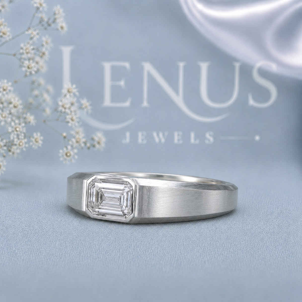 Emerald Cut Moissanite Men’s Band – Brushed 925 Sterling Silver Bezel Set Ring