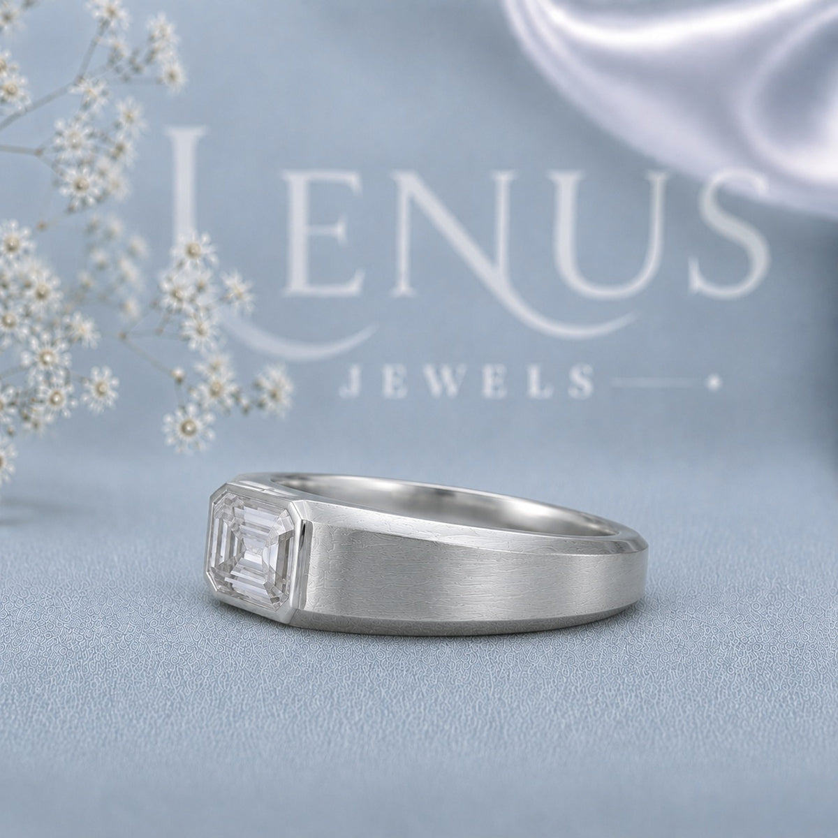 Emerald Cut Moissanite Men’s Band – Brushed 925 Sterling Silver Bezel Set Ring