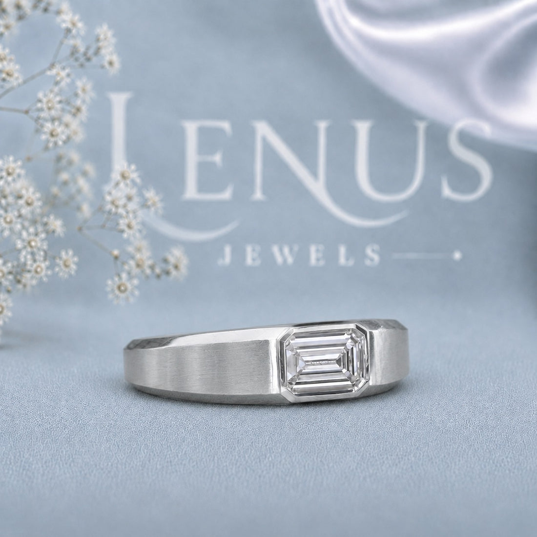 Emerald Cut Moissanite Men’s Band – Brushed 925 Sterling Silver Bezel Set Ring