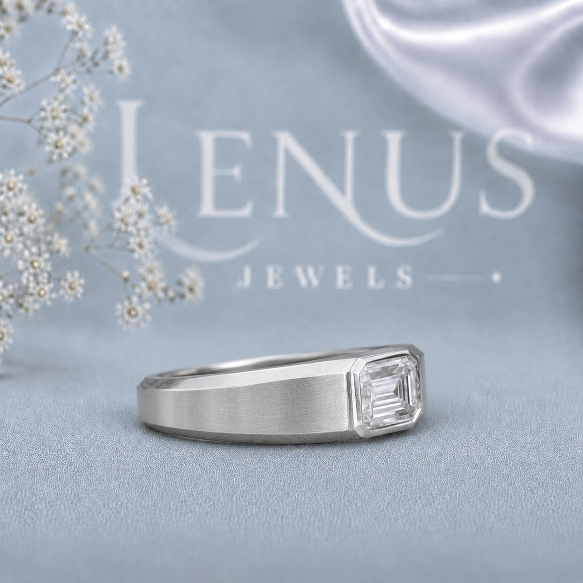 Emerald Cut Moissanite Men’s Band – Brushed 925 Sterling Silver Bezel Set Ring