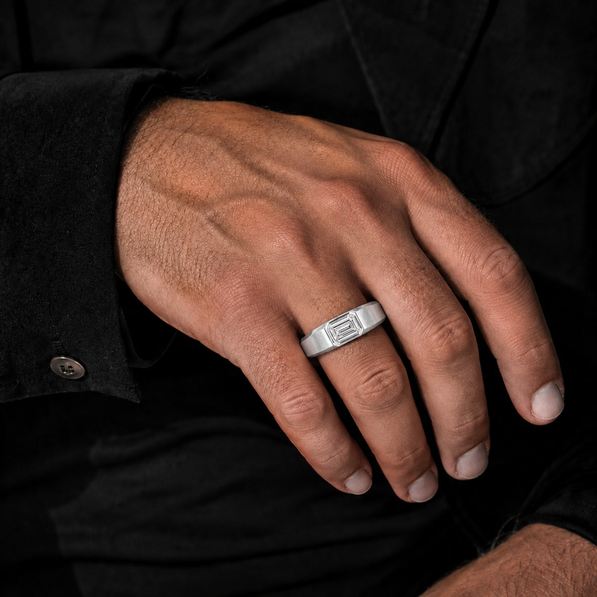 Emerald Cut Moissanite Men’s Band – Brushed 925 Sterling Silver Bezel Set Ring