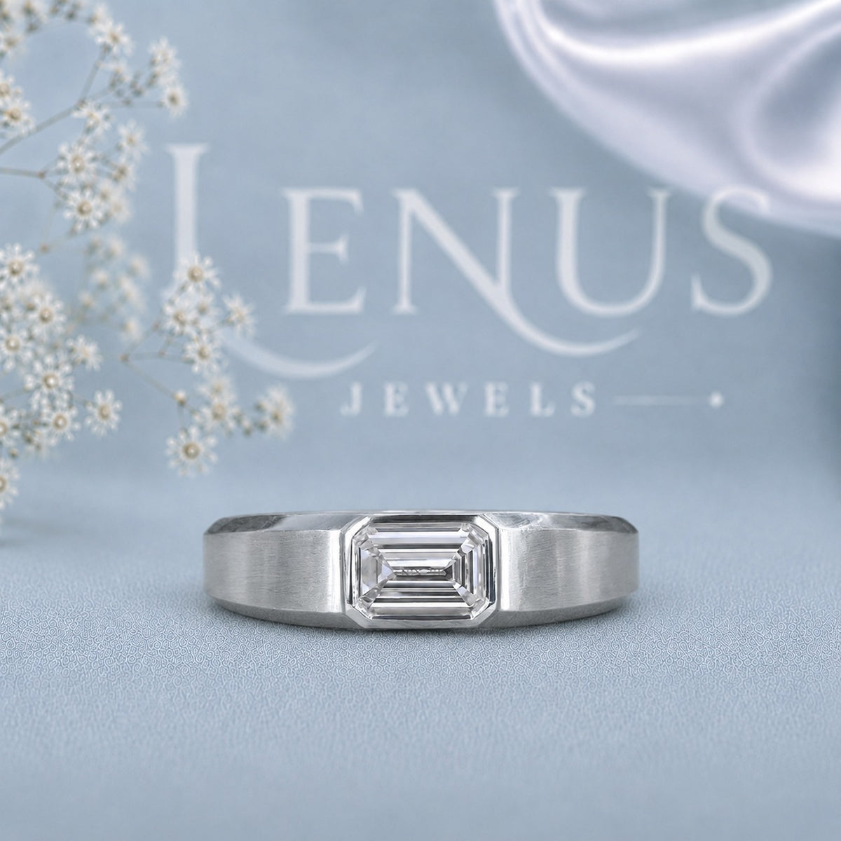 Emerald Cut Moissanite Men’s Band – Brushed 925 Sterling Silver Bezel Set Ring