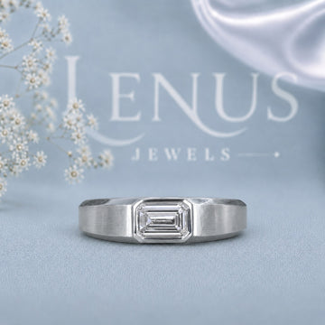 Emerald Cut Moissanite Men’s Band – Brushed 925 Sterling Silver Bezel Set Ring