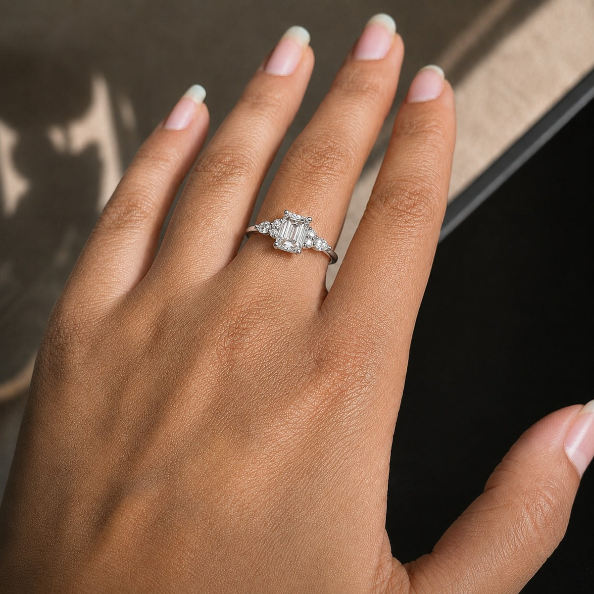 Emerald Cut Three-Stone Moissanite Ring – Pear Side Engagement Ring