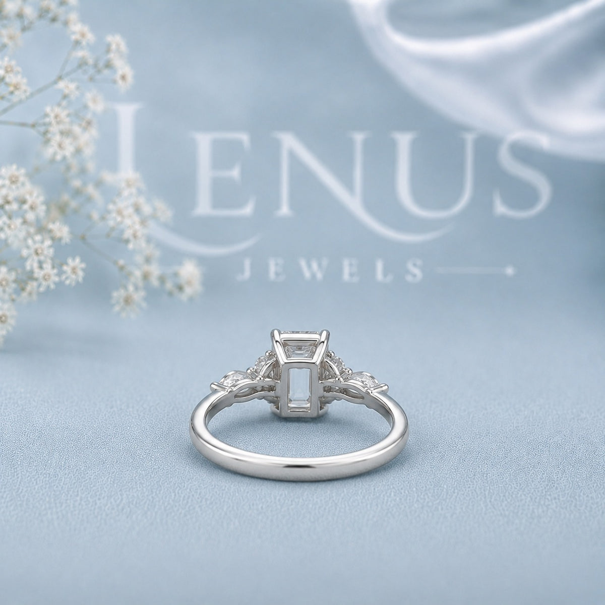 Emerald Cut Three-Stone Moissanite Ring – Pear Side Engagement Ring