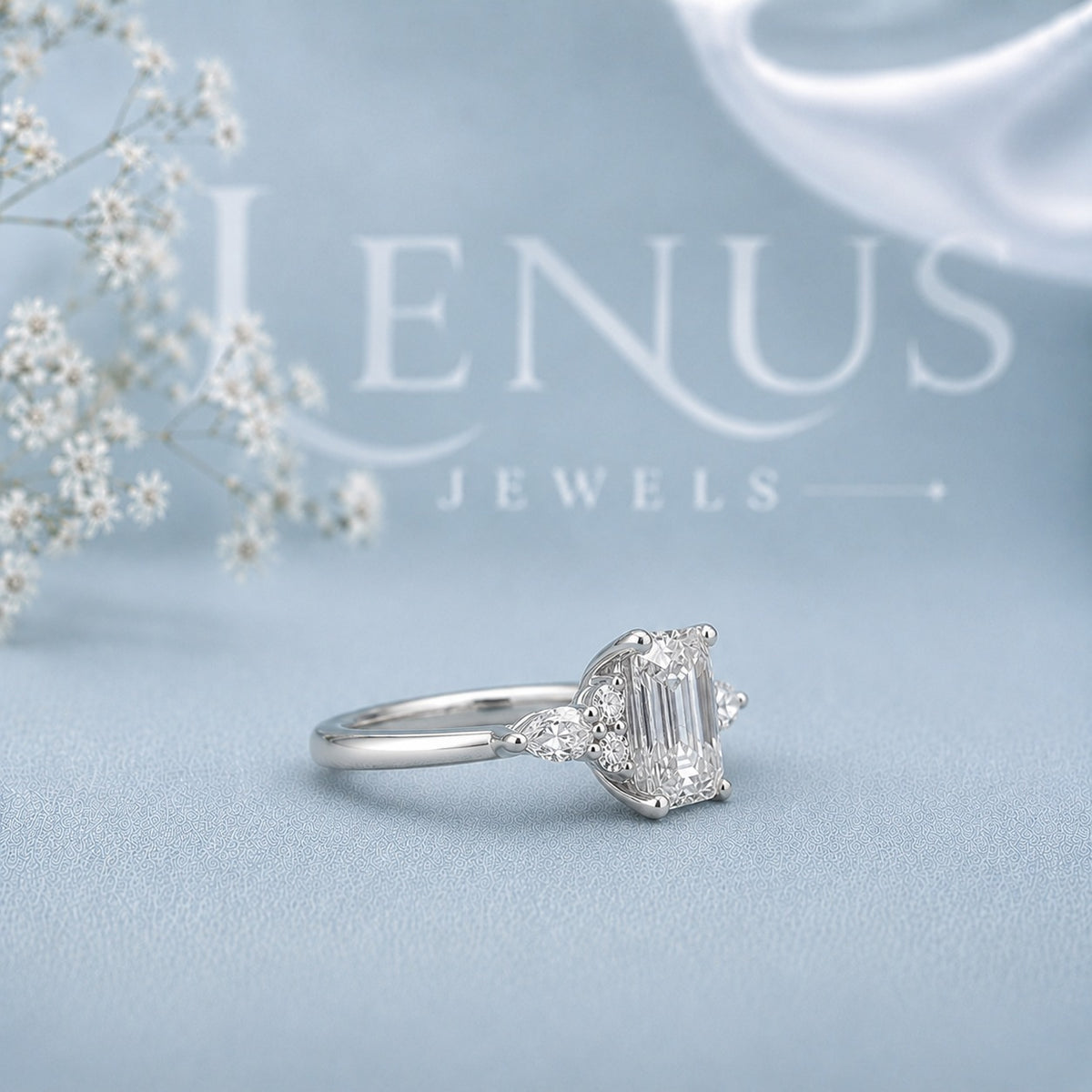 Emerald Cut Three-Stone Moissanite Ring – Pear Side Engagement Ring