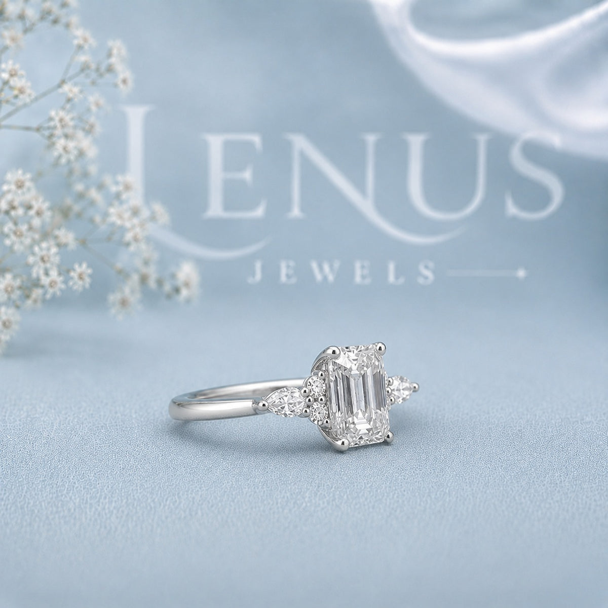 Emerald Cut Three-Stone Moissanite Ring – Pear Side Engagement Ring