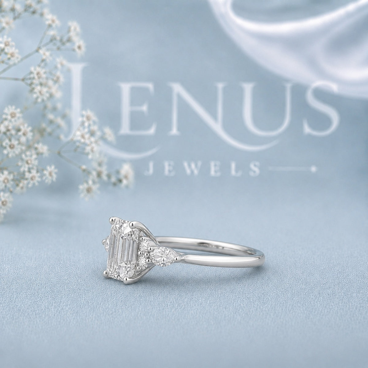 Emerald Cut Three-Stone Moissanite Ring – Pear Side Engagement Ring