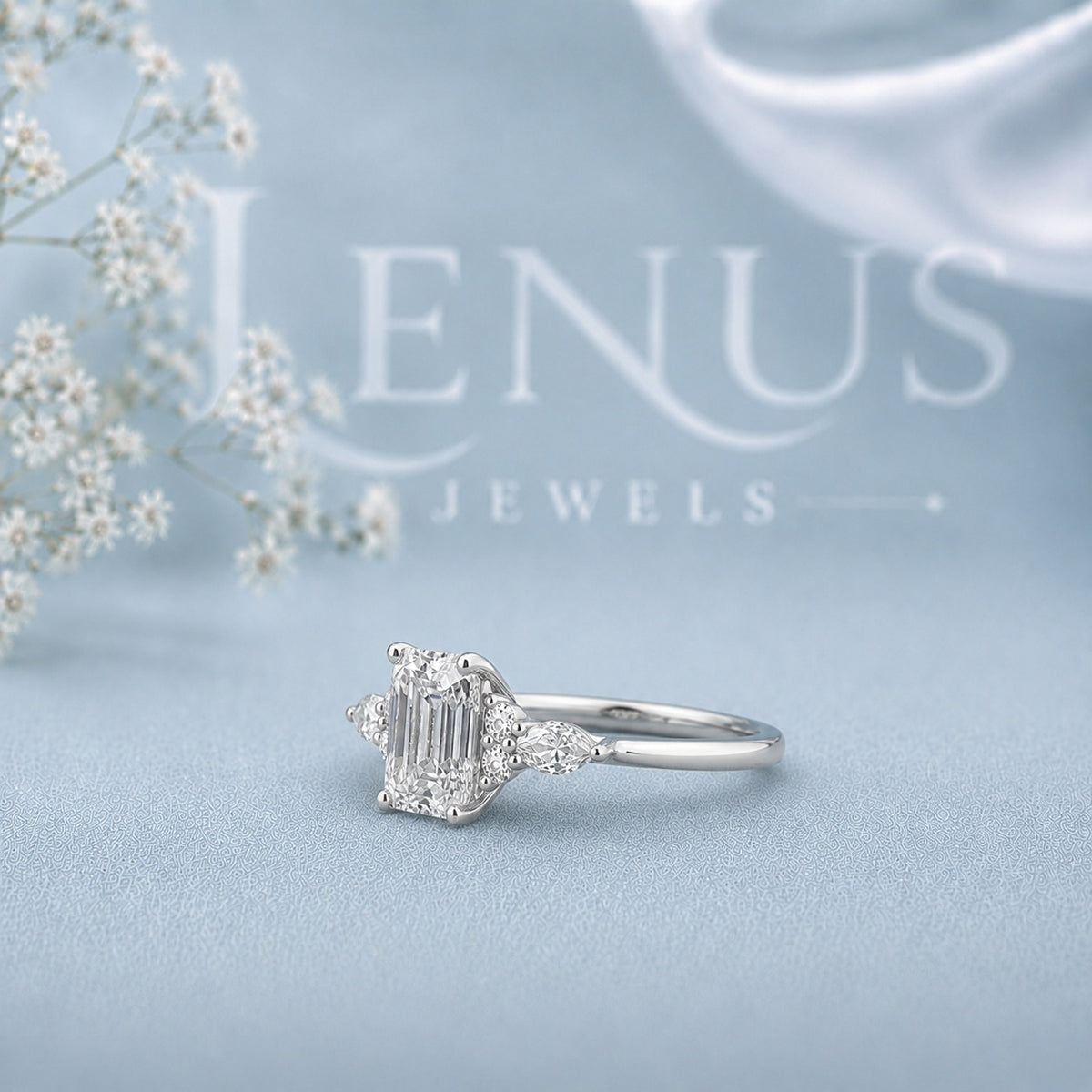 Emerald Cut Three-Stone Moissanite Ring – Pear Side Engagement Ring
