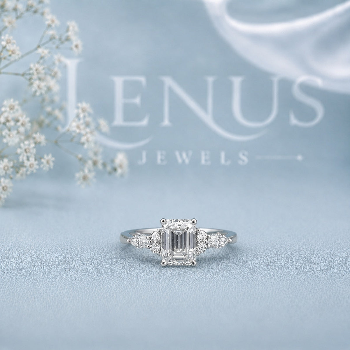 Emerald Cut Three-Stone Moissanite Ring – Pear Side Engagement Ring