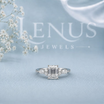 Emerald Cut Three-Stone Moissanite Ring – Pear Side Engagement Ring