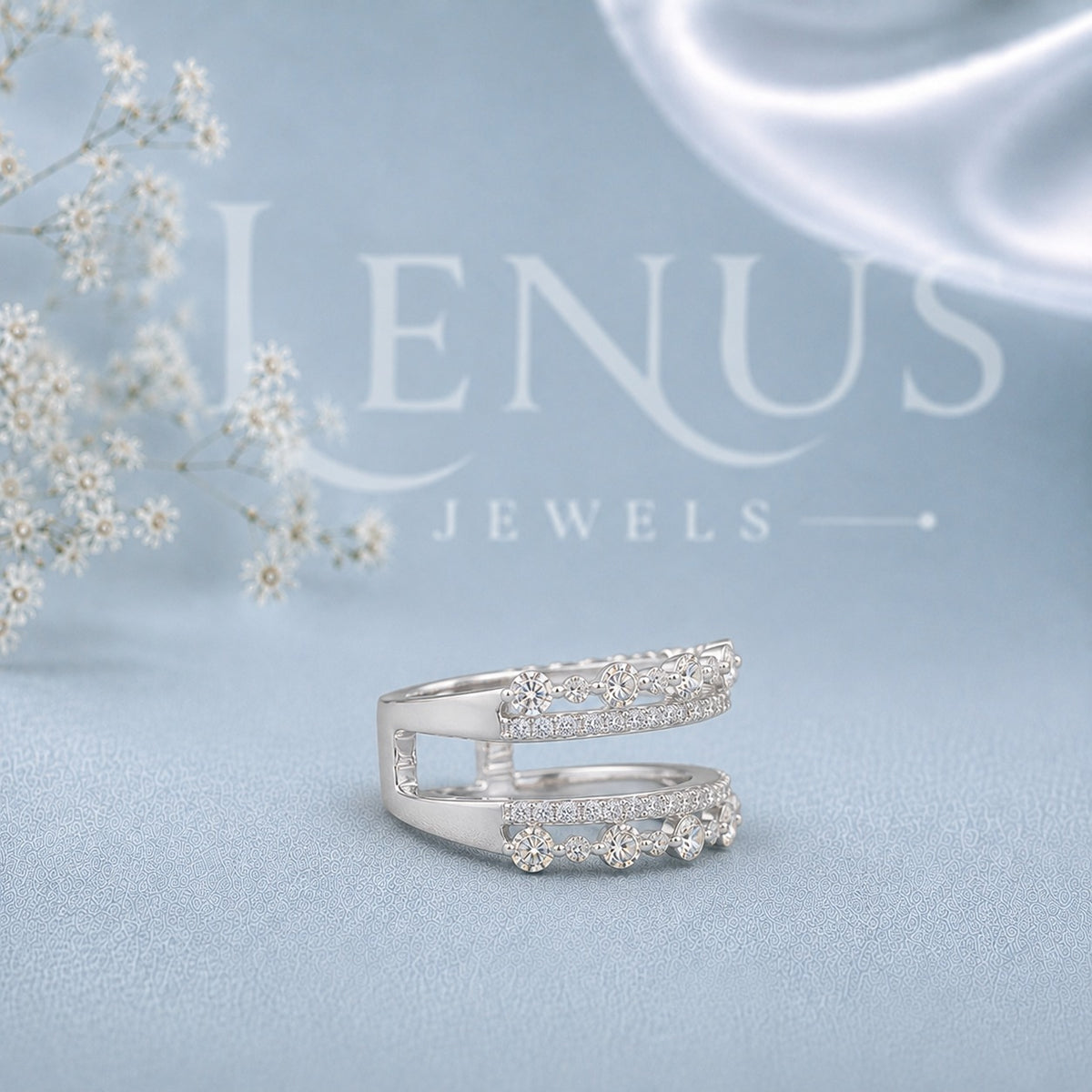 Three-Row Moissanite Wedding Band – Wide Floral Openwork Anniversary Ring in 925 Sterling Silver
