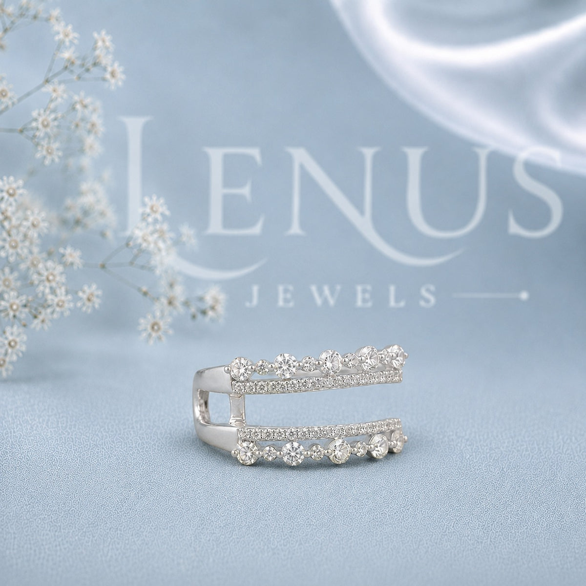 Three-Row Moissanite Wedding Band – Wide Floral Openwork Anniversary Ring in 925 Sterling Silver