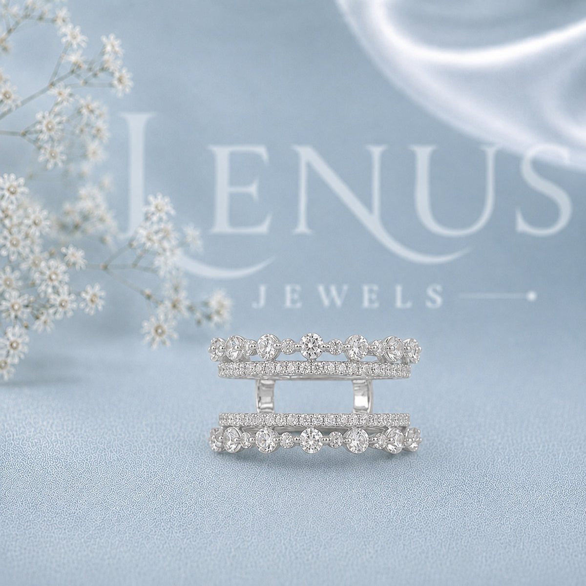 Three-Row Moissanite Wedding Band – Wide Floral Openwork Anniversary Ring in 925 Sterling Silver